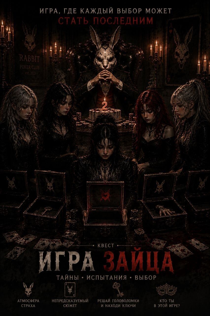 Постер квеста «Игра Зайца»: Заяц в маске во главе стола, пять героинь и торт с двойкой